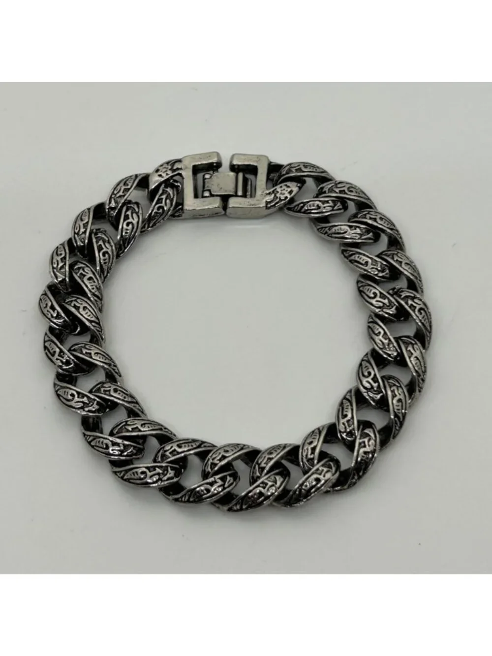 Men's Vintage Stainless Steel Curb Chain Bracelet Tribal Tattoo Etched Design